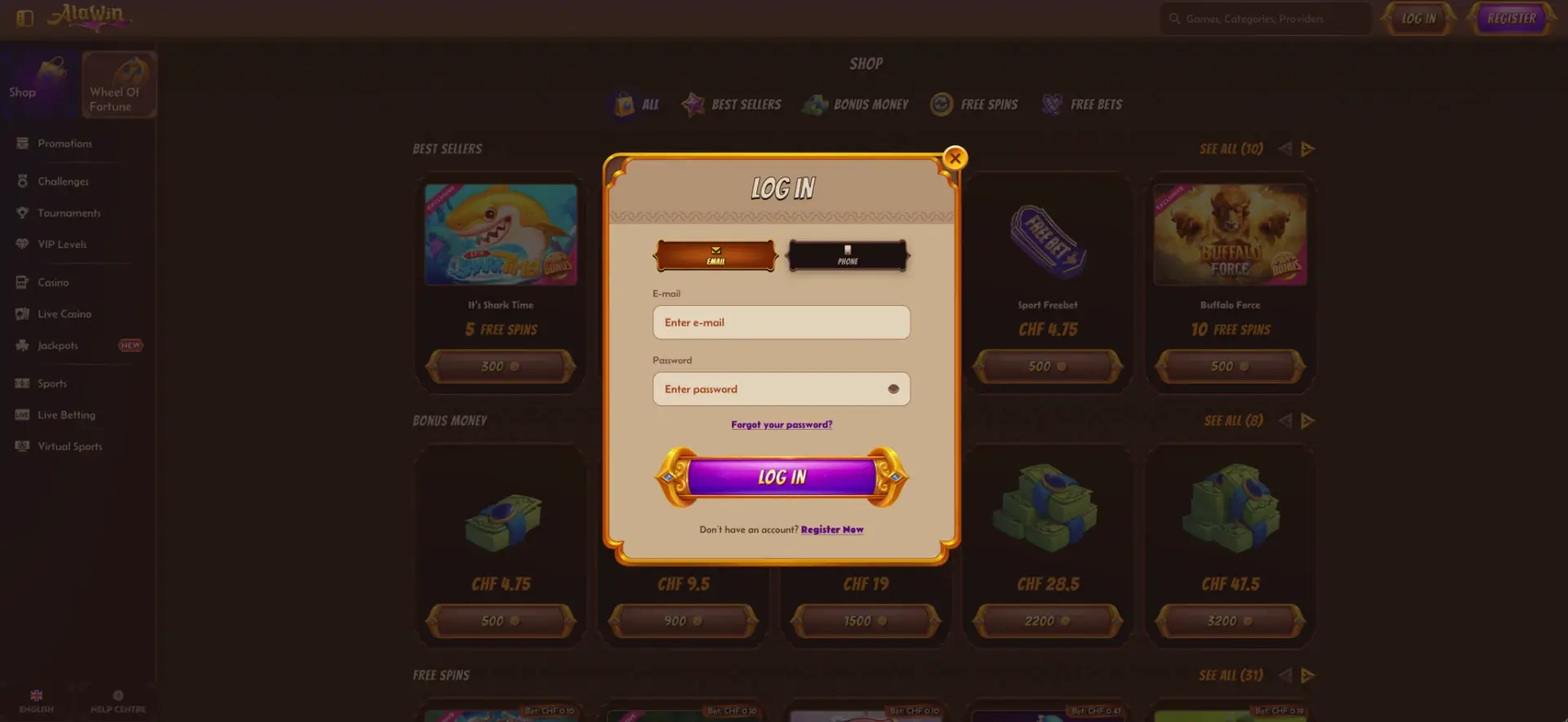 Alawin Login für Spieler aus der Schweiz